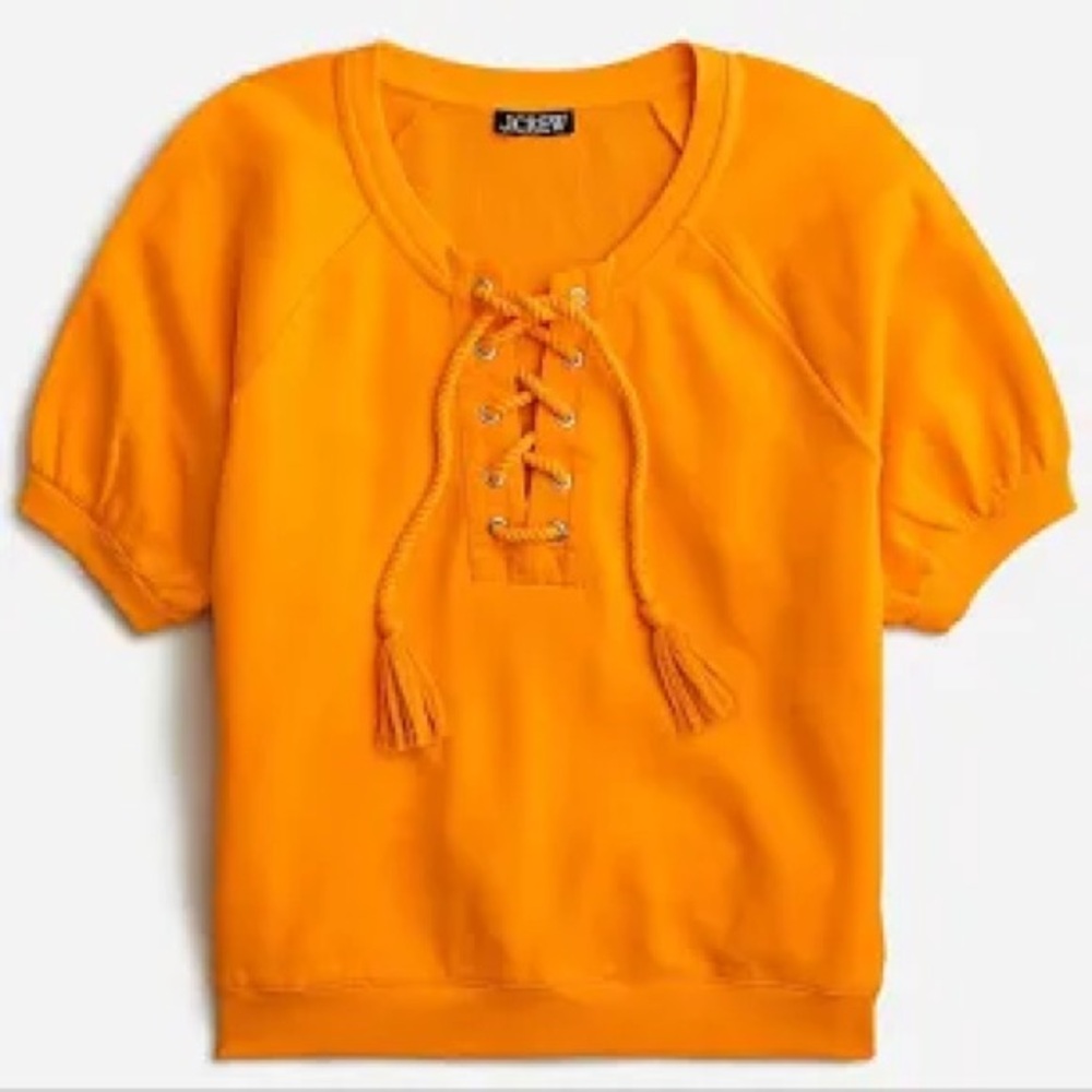 J. Crew Womens University Terry Short
Sleeve Lace Up Shirt Orange size S